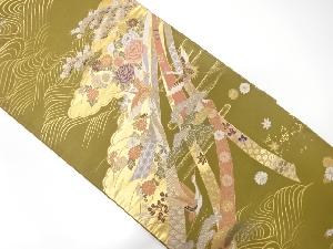 熨斗に鶴・花模様織り出し　袋帯